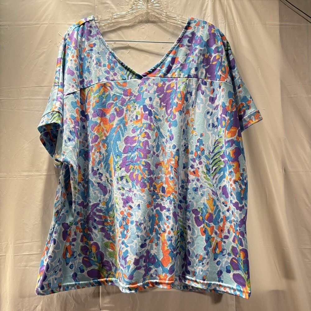 Blouse Womens Regular Blue Geometric V Neck Front And Back Short Sleeve Size XL
